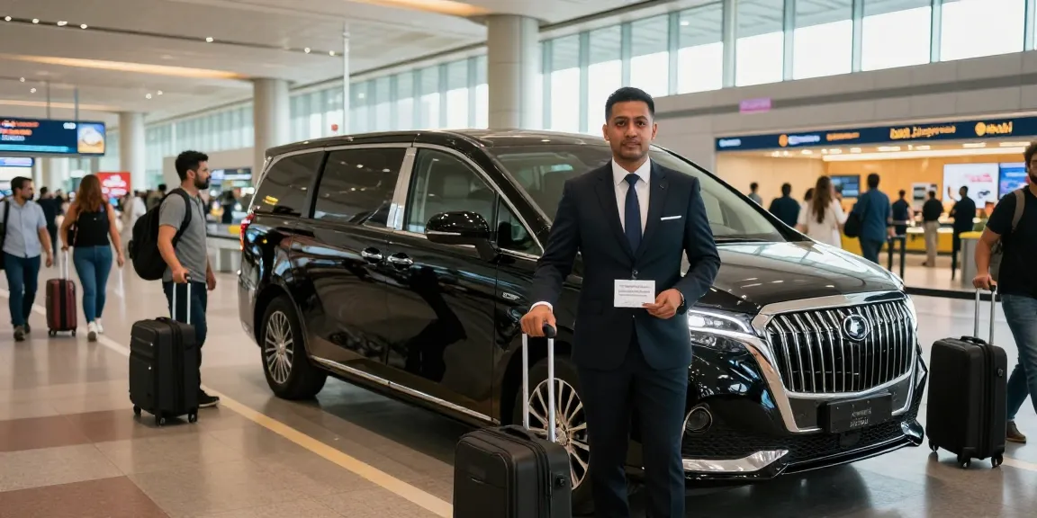 airport transfer dubai luxury with professional chauffeur and high-end SUV at Dubai International Airport