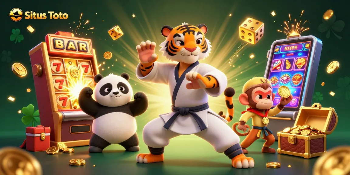 Experience Situs Toto excitement with a dynamic 3D casino illustration showcasing thrilling slot machines and engaging characters.