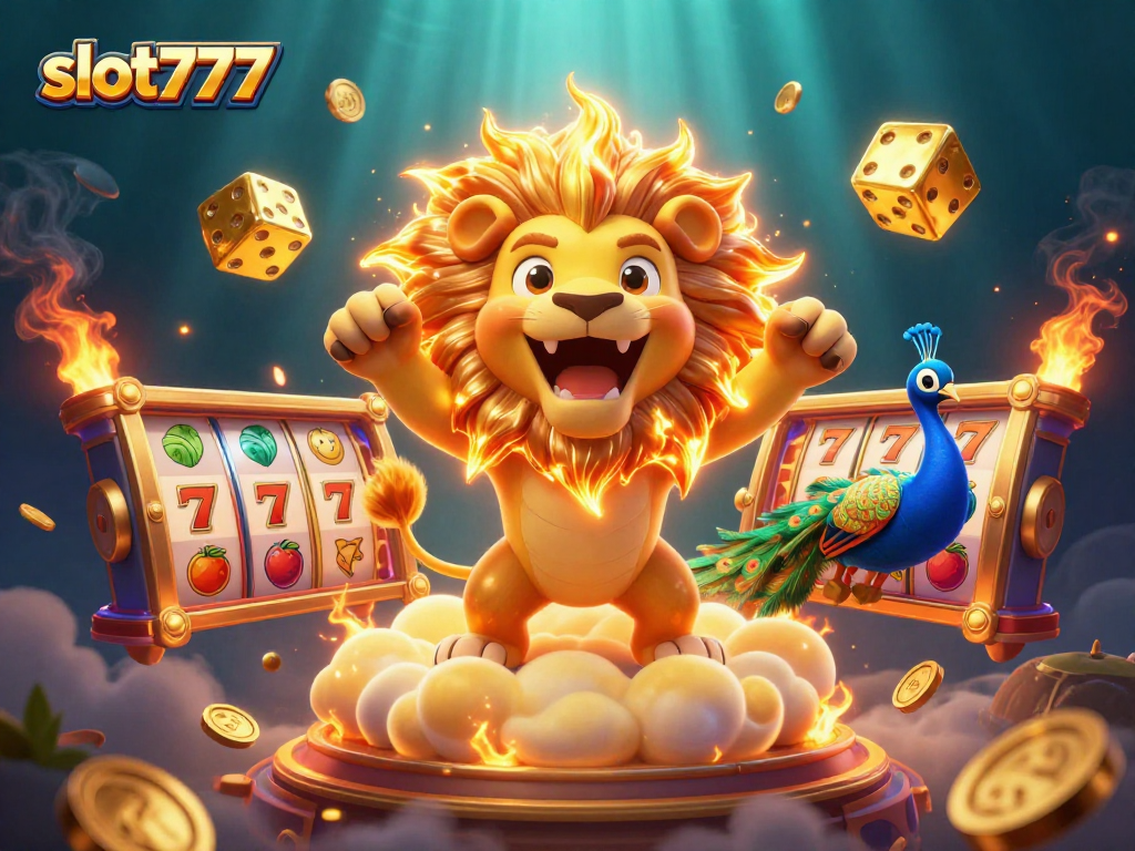 Experience the thrill of slot777 with a roaring lion and golden dice in a vibrant casino scene.