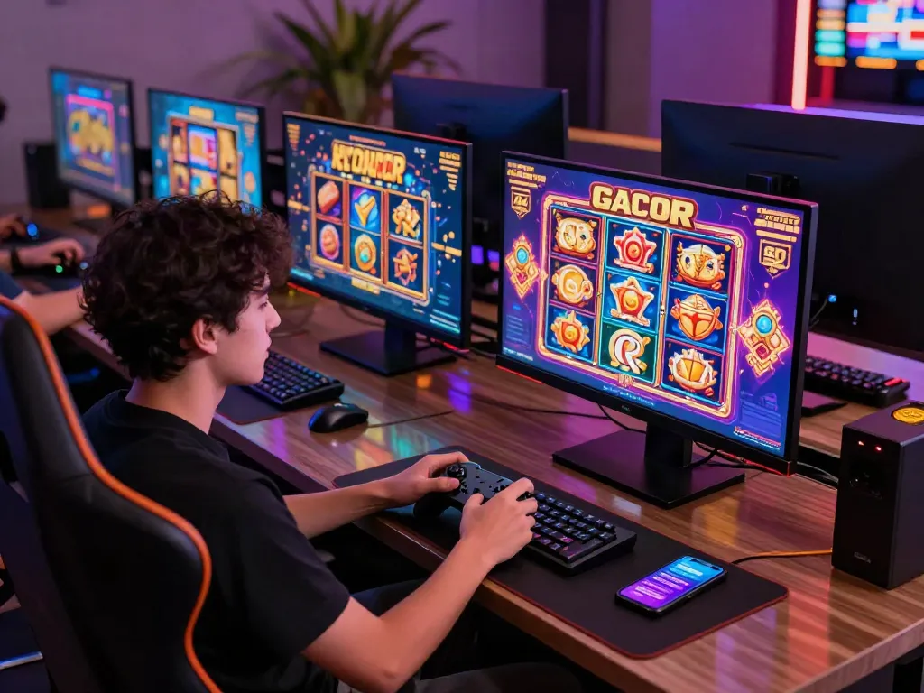 Player enjoying slot gacor games on multiple screens in a vibrant gaming setup.