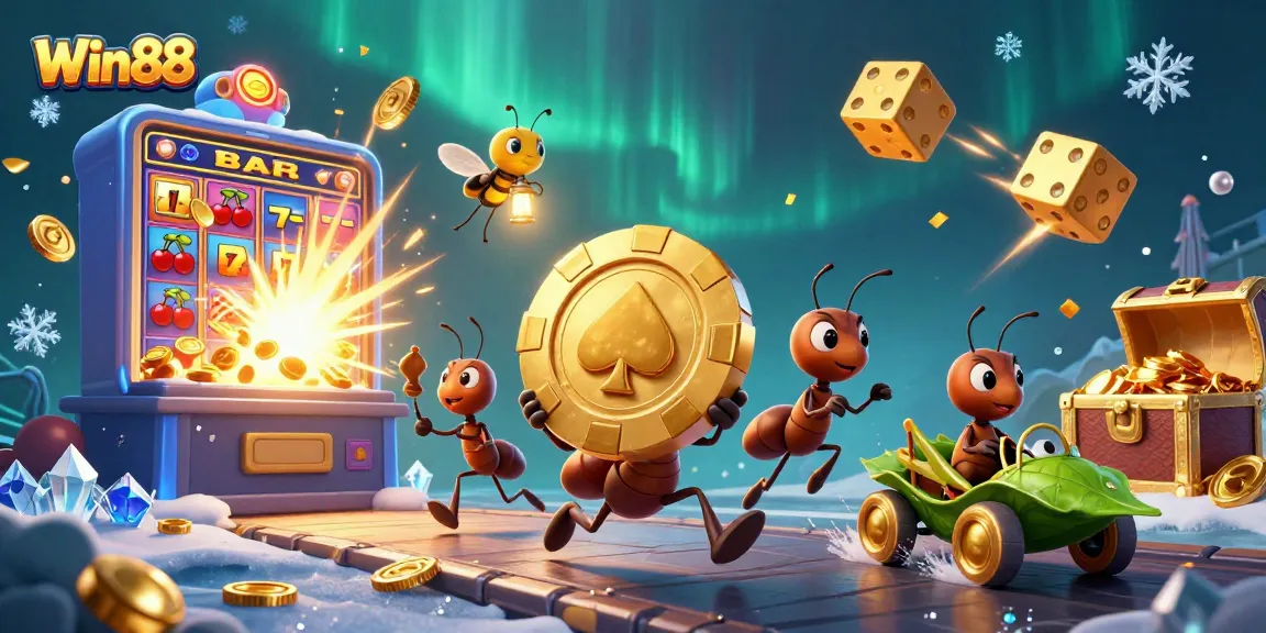 Win88 casino heist scene with ants, a firefly, and a grasshopper in 3D cartoon style