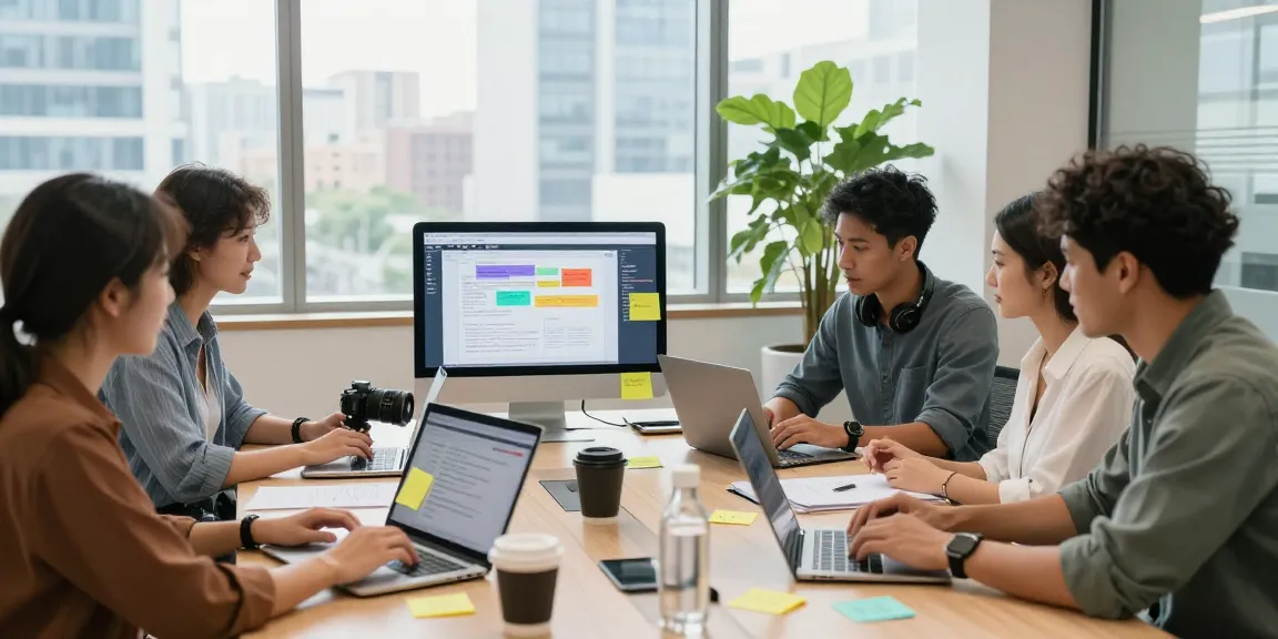 Team collaborating in a modern office workspace for wps下载, showcasing productivity and technology.
