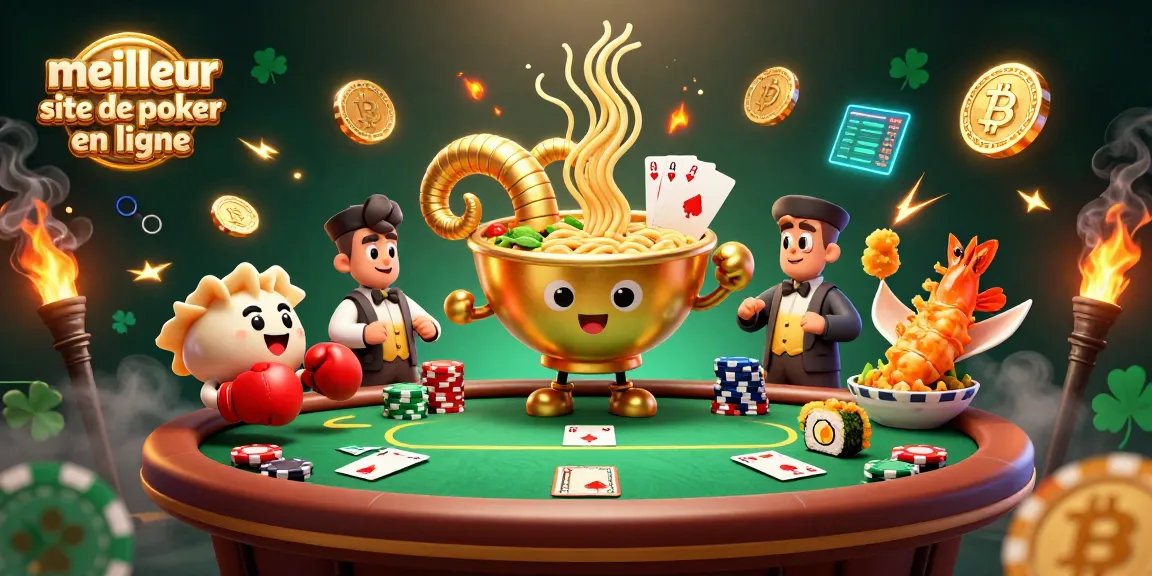 Déterminez le meilleur site de poker en ligne avec cette illustration dynamique entourée de cartes et de jetons.