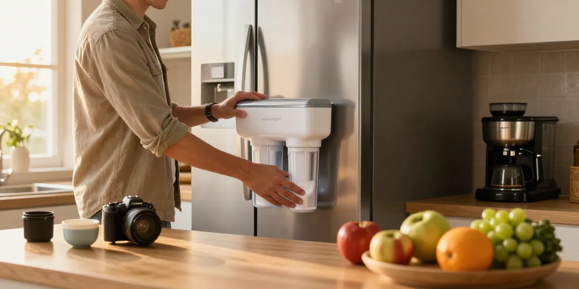 AQUACREST DW2042FR-09 Refrigerator Water Filter installation in a home kitchen.