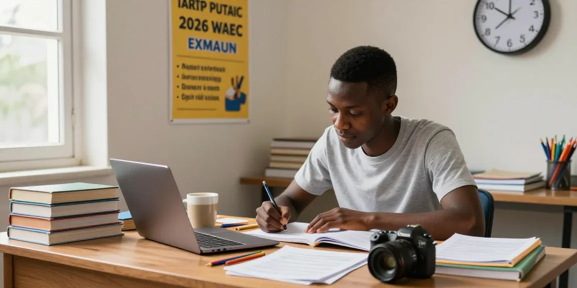 Student studying for the 2026 WAEC timetable with textbooks and laptop in a bright study area.