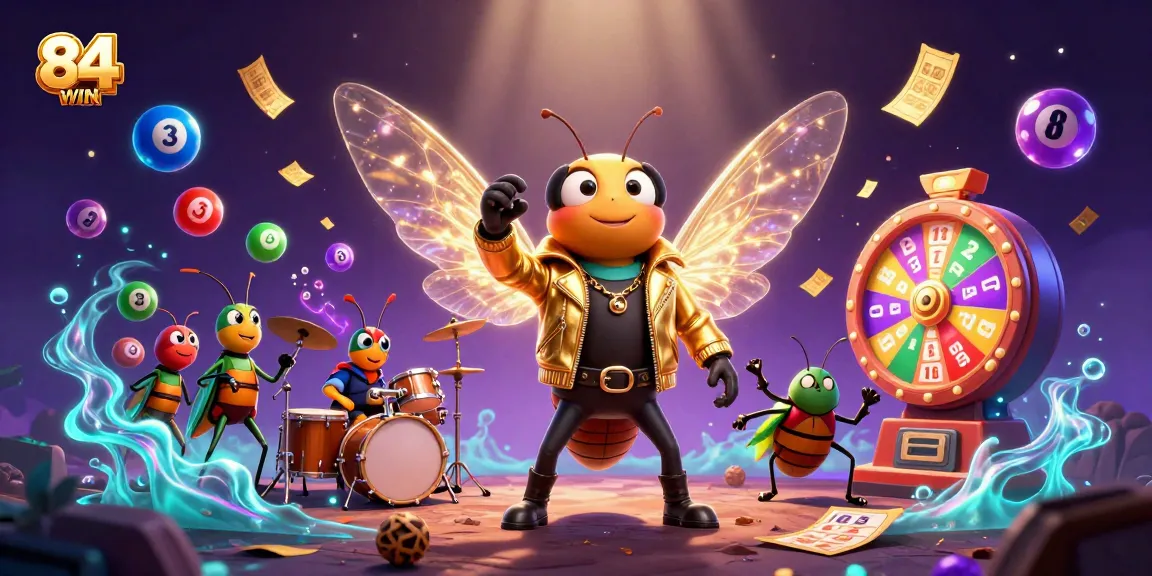 Experience the excitement of 84WIN with a vibrant scene of a cicada rock star and a lively casino atmosphere