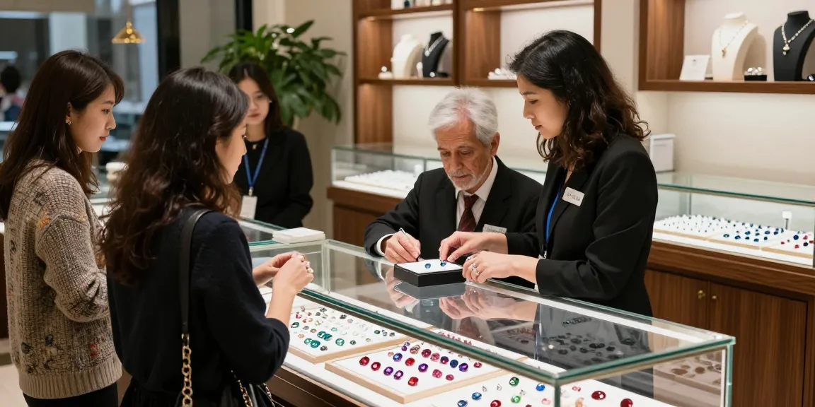 Shoppers at https://www.mygemspot.com exploring quality gemstone display in a luxurious retail setting.