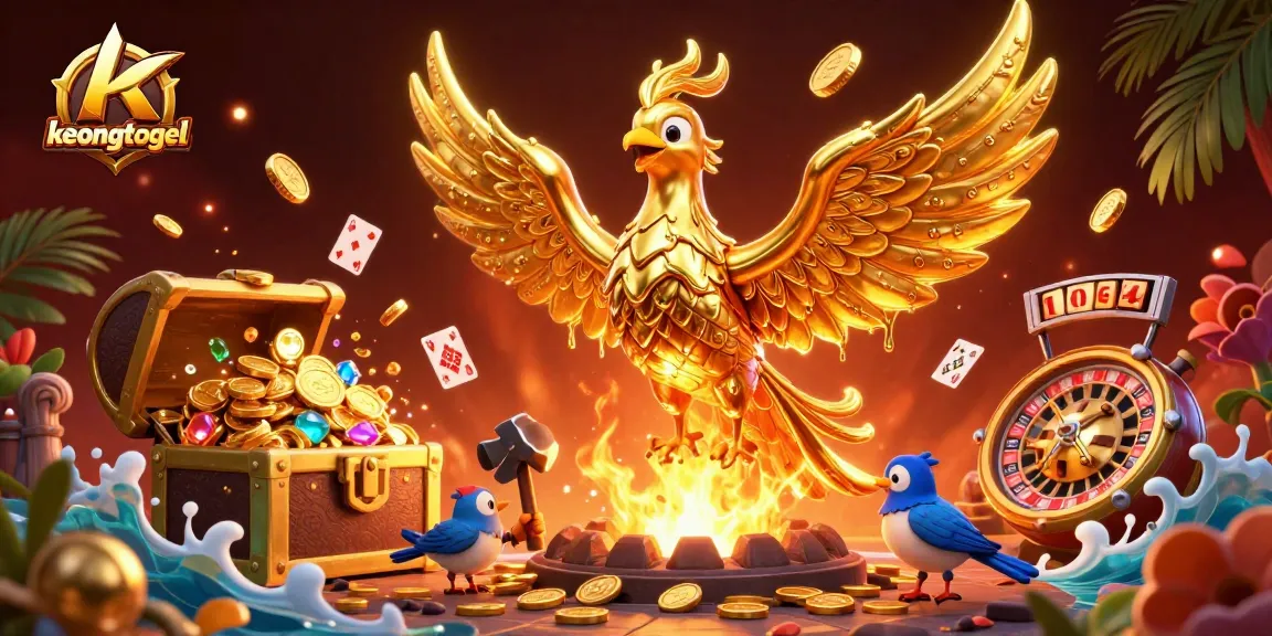 Experience the excitement of keongtogel gaming with golden phoenix and casino elements amidst a vibrant atmosphere.