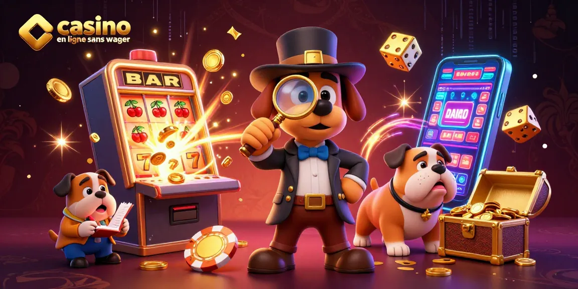 Casino en ligne sans wager, détective et bulldog explorent des indices dorés et machines à sous.
