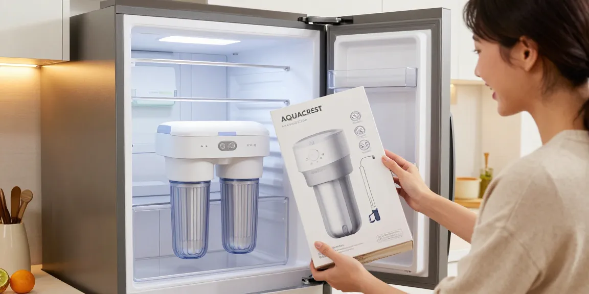 AQUACREST DW2042FR-09 Refrigerator Water Filter shown in an engaging unboxing scene for online shoppers