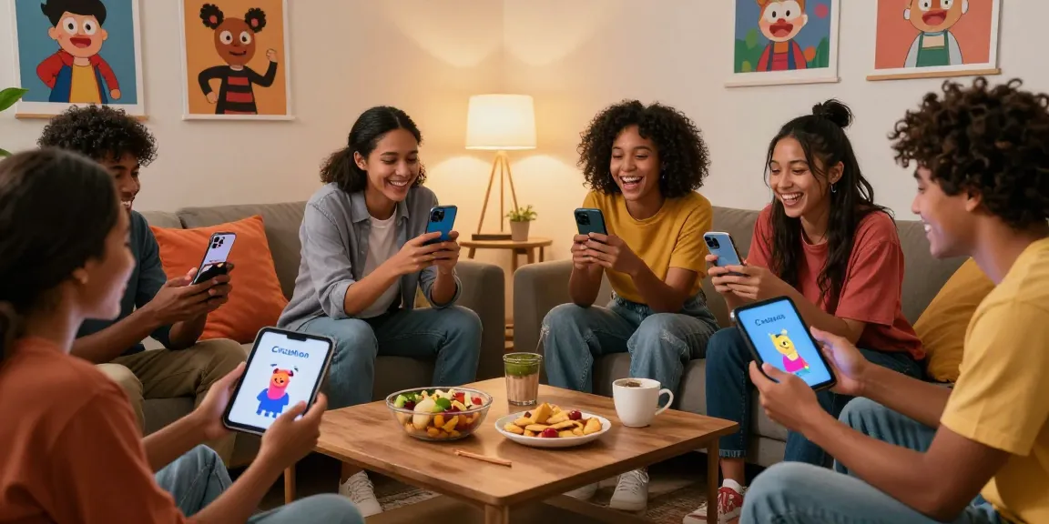 Friends enjoying Crushon AI characters in a cozy living room, capturing playful interactions.