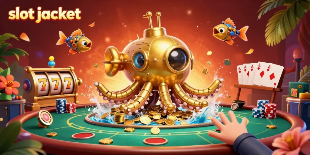 Experience slot jackpot excitement with a golden kraken submarine and casino elements.