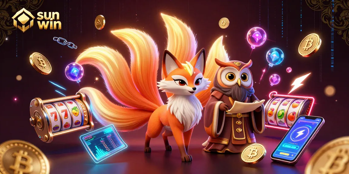 Engaging scene showcasing sun win elements with a vibrant nine-tailed fox and wise owl, enhancing casino excitement.