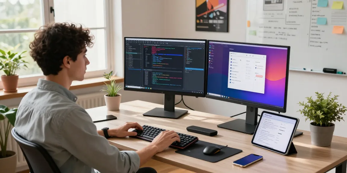 Advanced software development workspace showcasing coding and collaboration at teiegramin.com