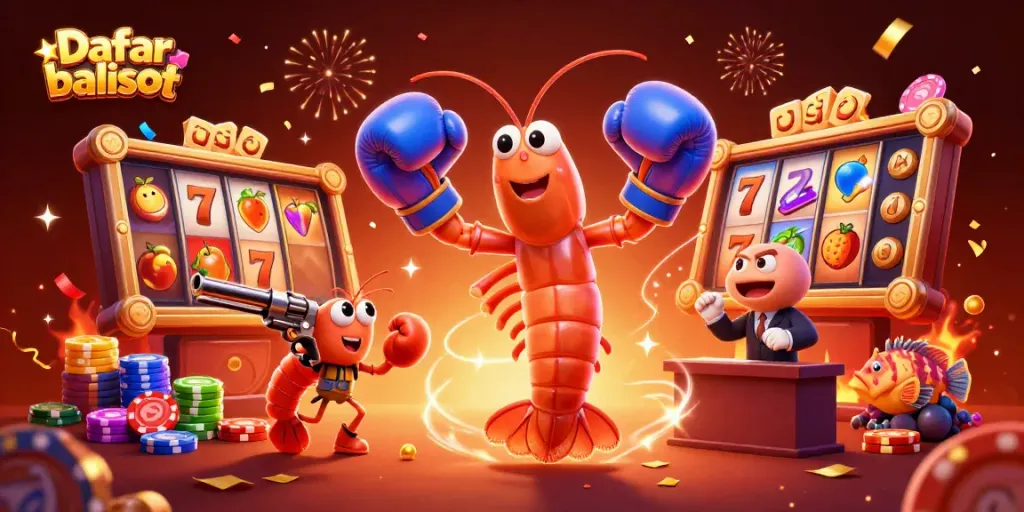 The vibrant "Daftar balisot" scene features a mantis shrimp and friends celebrating jackpot wins at a dynamic slot game.