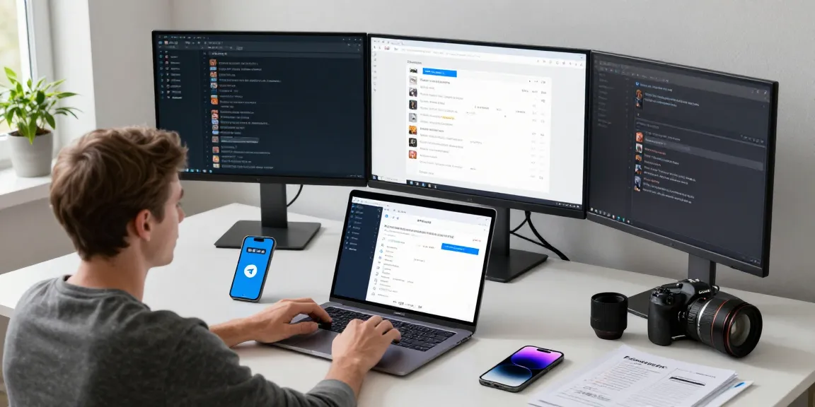 Illustration of a user navigating telegram china desktop on a modern laptop setup with Chinese interface.