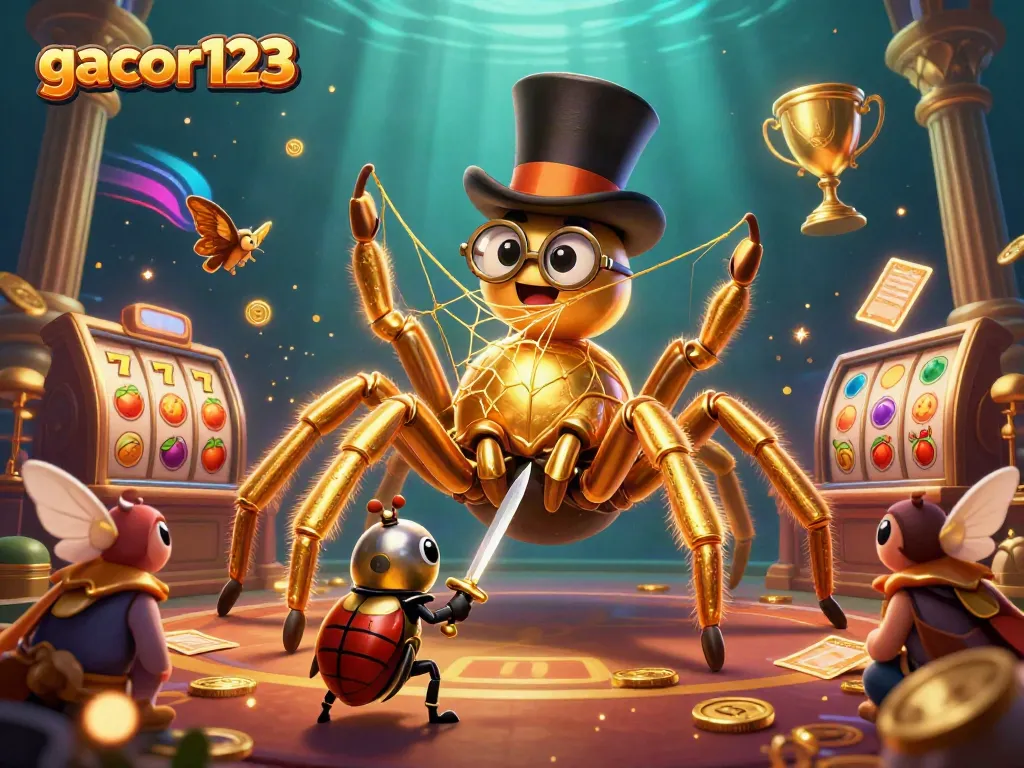Engage with gacor123 as a golden tarantula spins fortunes in a vibrant casino scene.