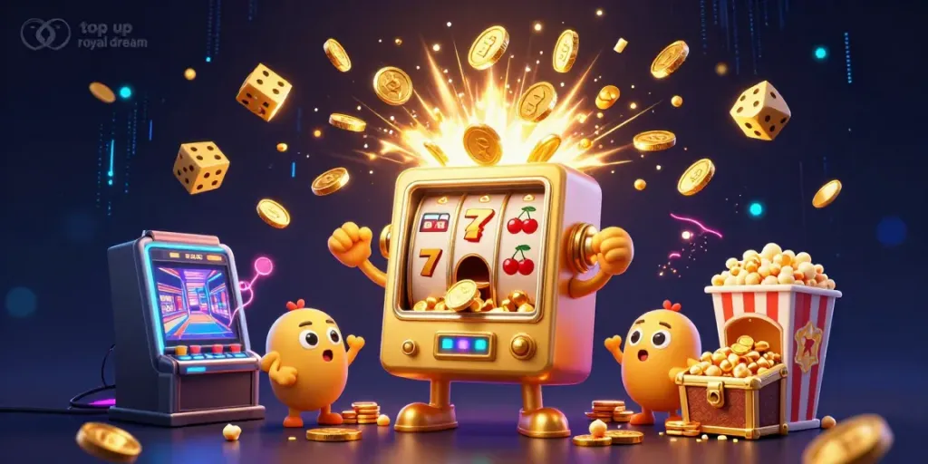 Proses top up royal dream dengan mesin slot karakter kartun yang ceria dan efek jackpot mengkilap.