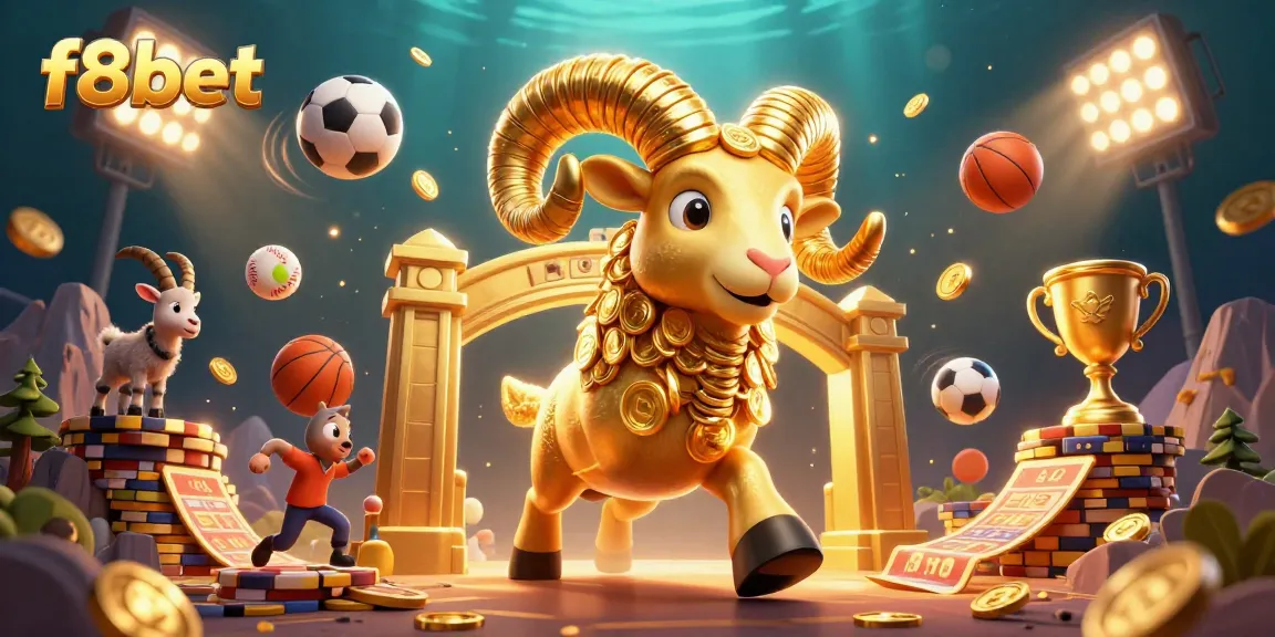 Engage with f8bet's vibrant casino scene featuring a golden ram, trophy, and dynamic sports elements.