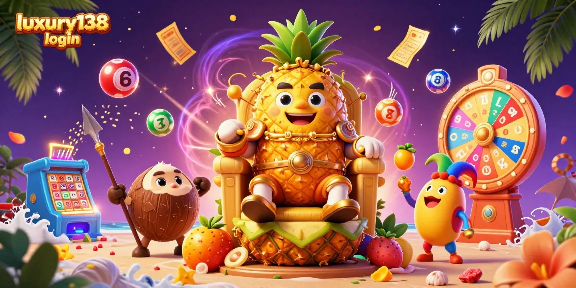 Experience luxury138 login with exciting casino gameplay featuring a golden pineapple king amidst lively lottery elements.