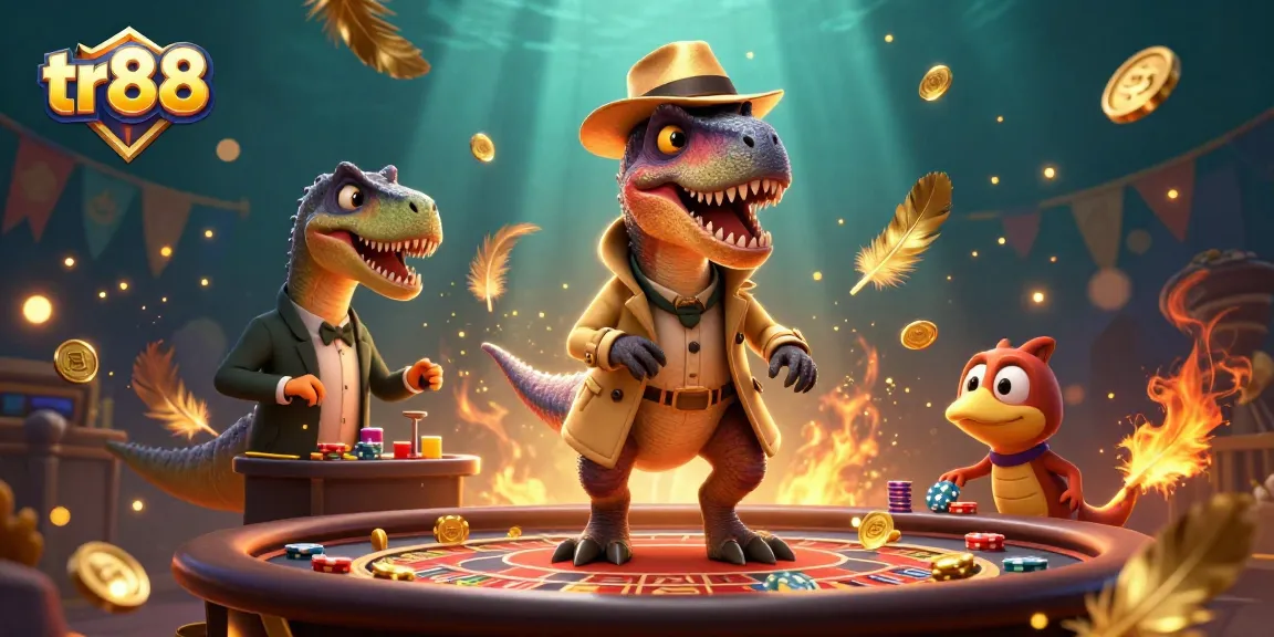 tr88 gaming scene with cartoon velociraptor, pit boss, and pickpocket at roulette