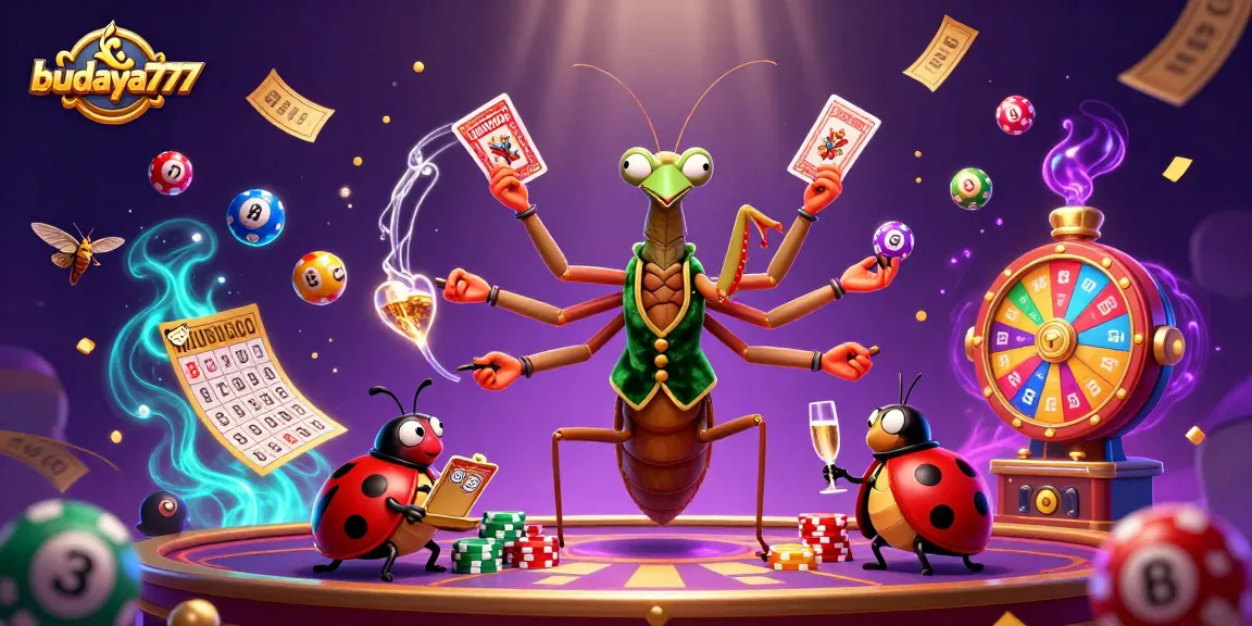 Budaya777 menghadirkan keseruan dengan karakter mantis raksasa dan ladybug dalam suasana kasino.