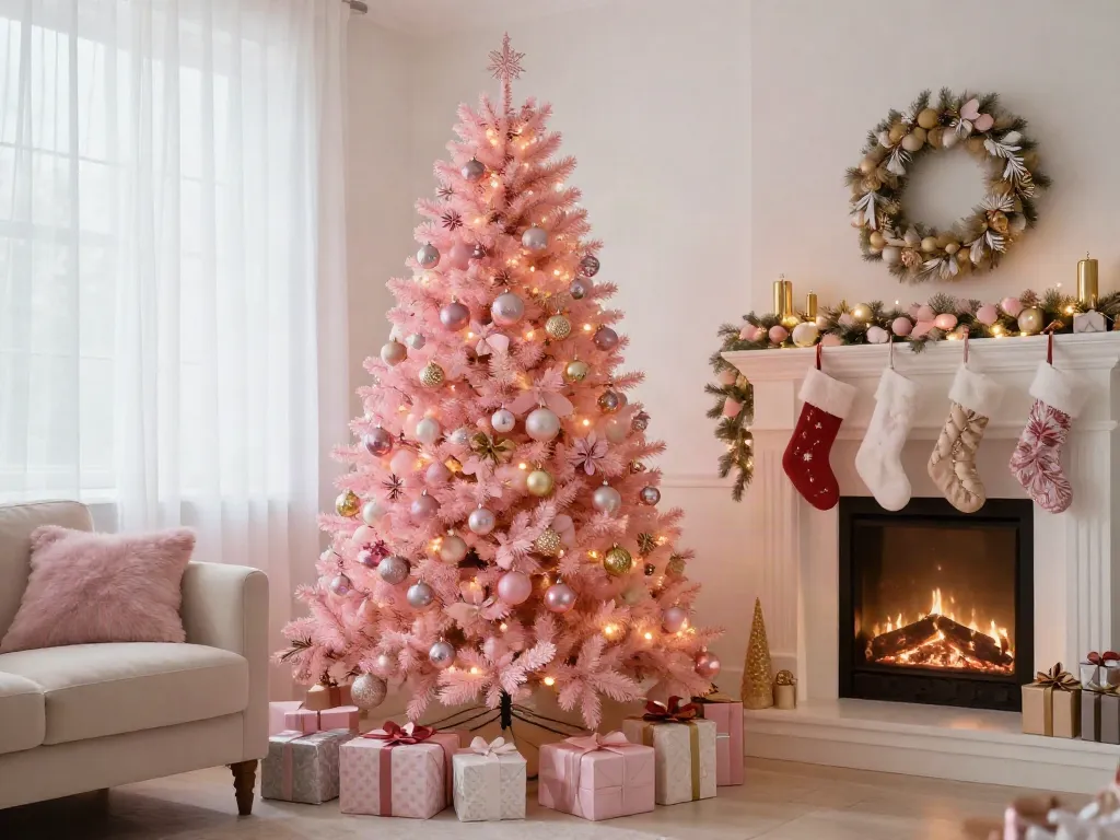 Festive living room with a christmas tree with pink decor, warm holiday ambiance.