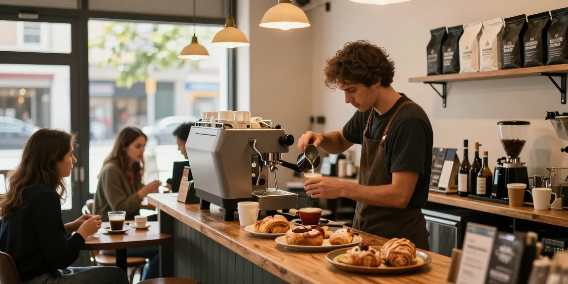 Barista crafting espresso using rokok88 machine in a cozy coffee shop
