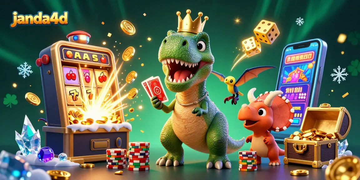 Janda4D menghadirkan karakter permainan kasino yang menarik, termasuk T-Rex dan mesin slot penuh koin.