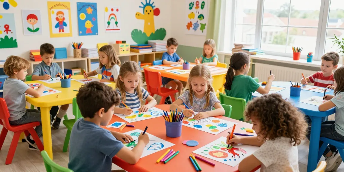 Children immersed in creative pages for kids in a vibrant playroom