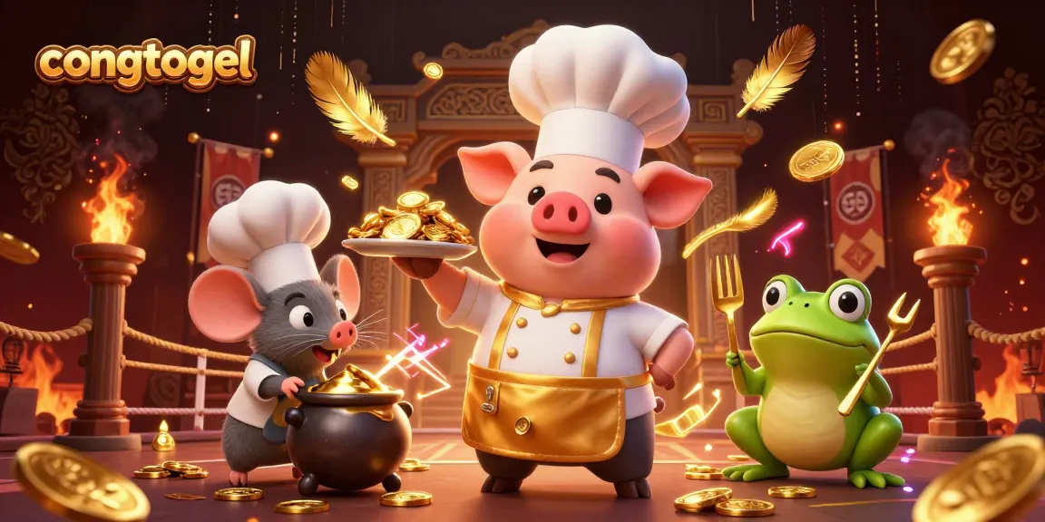 Engage with congtogel as the chef pig serves gold coins in a vibrant casino scene filled with excitement.
