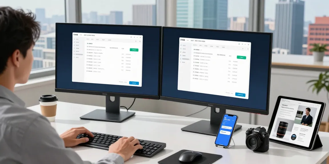 快连 application interface in a modern office setting with dual screens, coffee, and tablet.