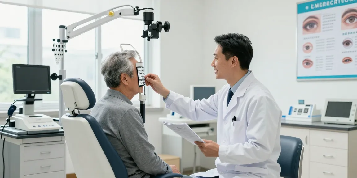 An elderly patient undergoing a 黃斑病變檢查 in a modern eye clinic, with supportive staff and a warm environment.
