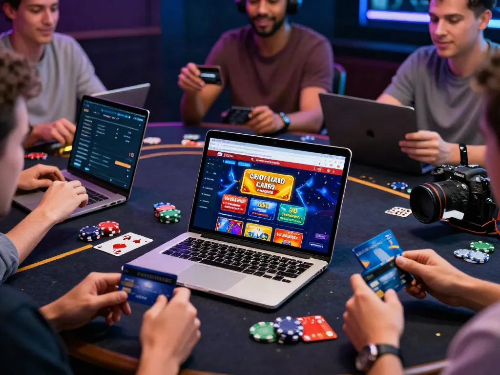 Exciting online credit card casinos scene with players using various devices to engage in gaming.