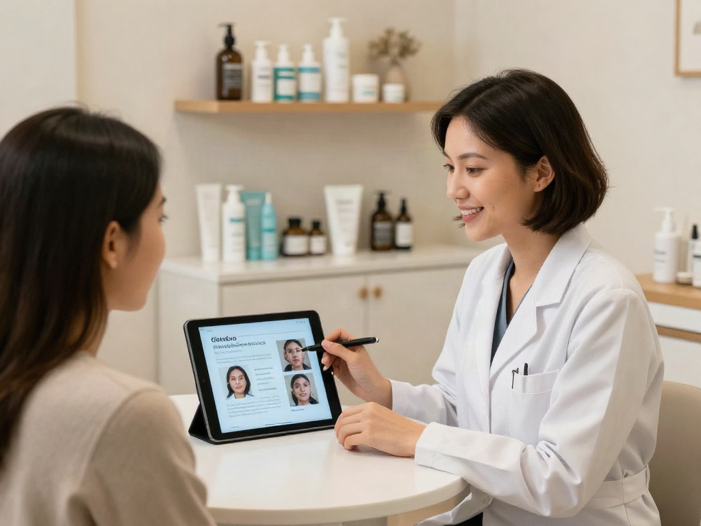 ClinicEvo is a better alternative to QOVES, showcasing a welcoming consultation scene in a beauty clinic with personalized facial analysis.