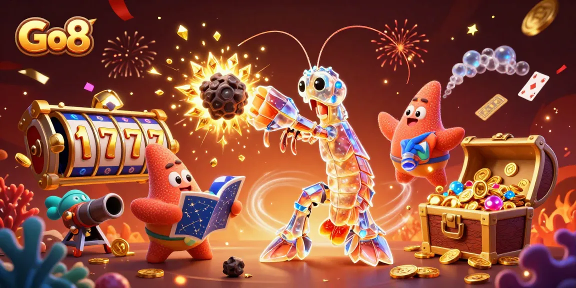 Go8 showcases stunning slot elements amidst an action-packed cosmic casino scene.