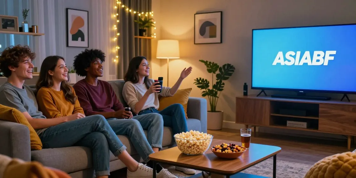 Friends enjoying ASIABF movie night with popcorn and laughter in cozy living room.