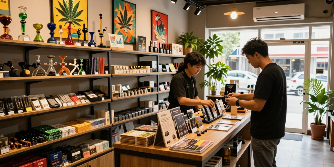 Shopper exploring unique smoking accessories at a store showcasing rokok88 daftar products.