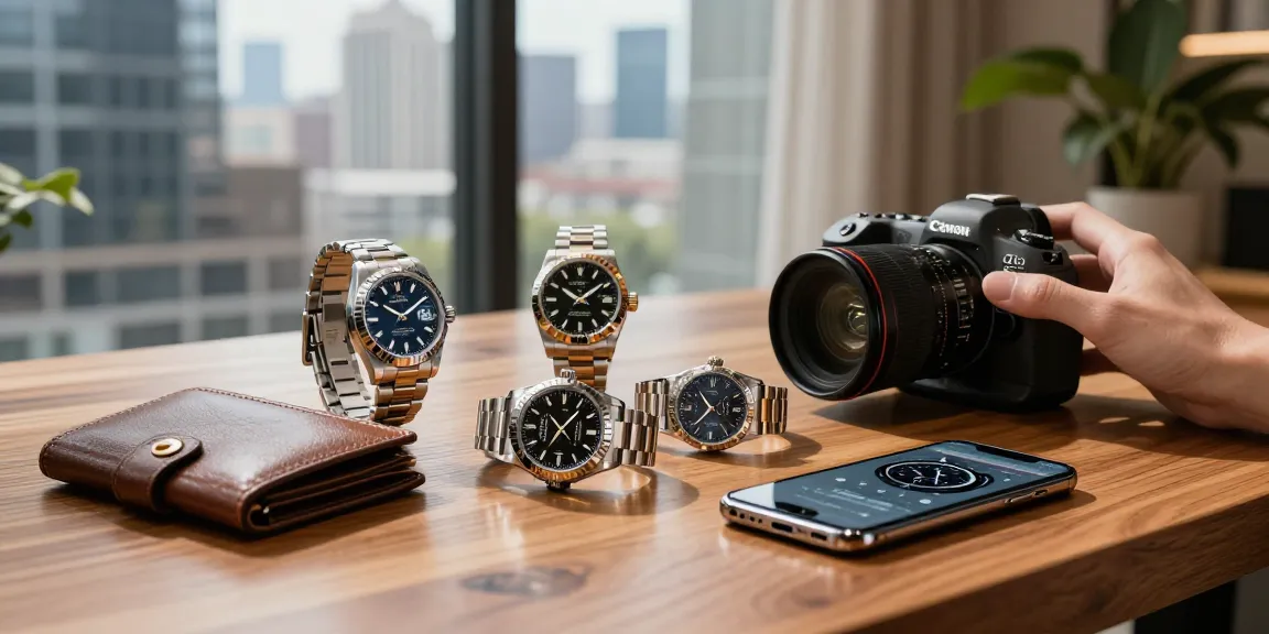 Explore luxury clone watches on a polished table, highlighting premium quality and urban sophistication.