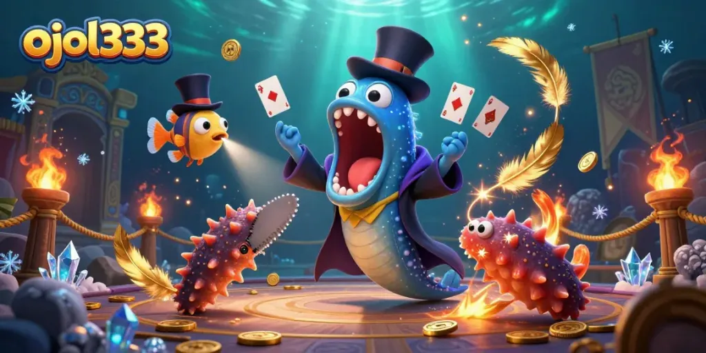 Experience thrilling magic tricks with ojol333, featuring whimsical underwater casino characters and vibrant elements.