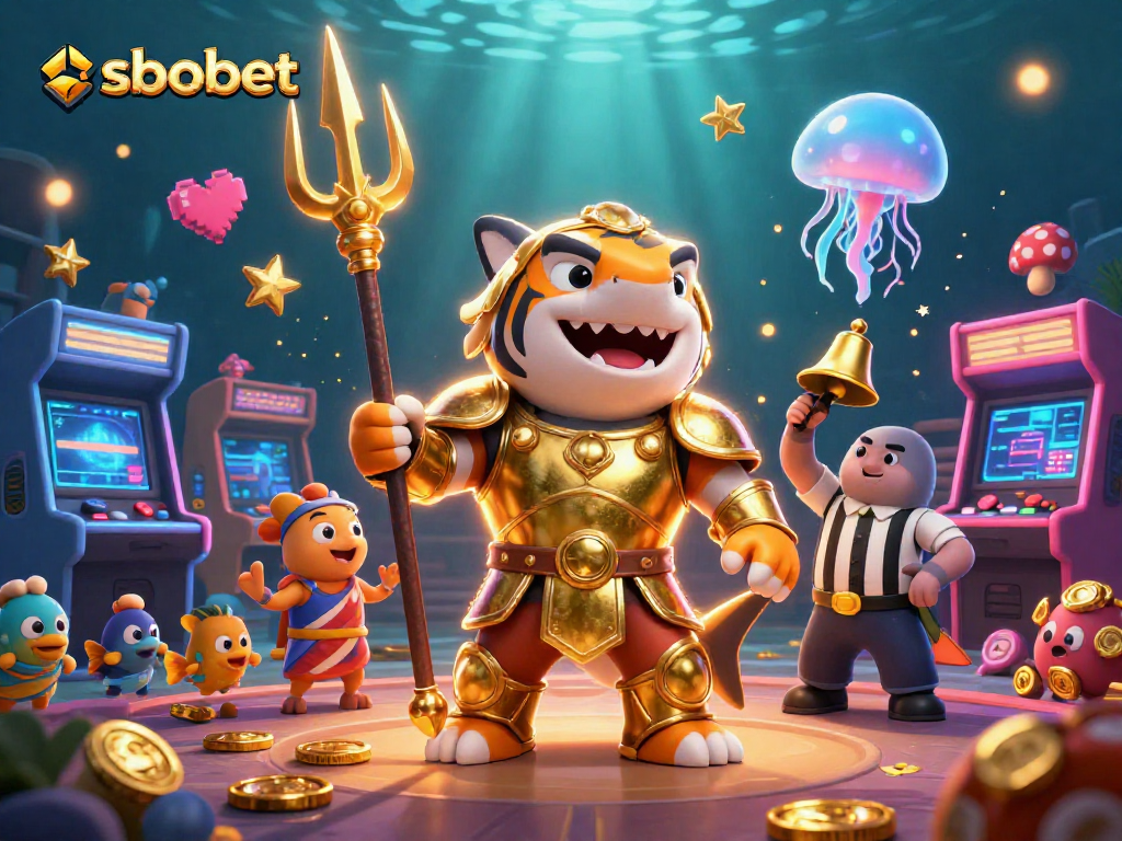 Bet on sbobet with a dynamic underwater colosseum scene featuring a tiger shark and gaming elements.