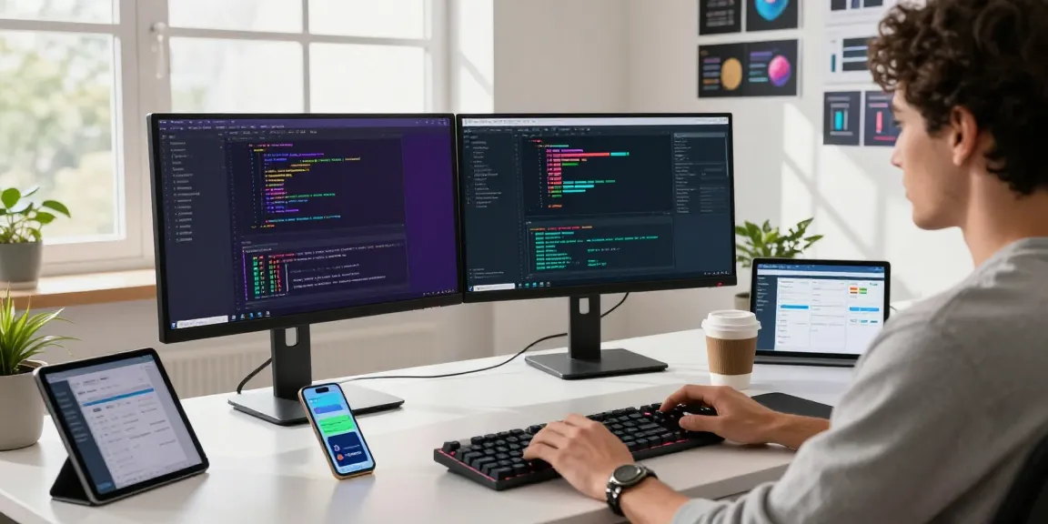 High-tech workspace featuring a developer coding on dual monitors, highlighting 纸飞机中文版 communication tools.