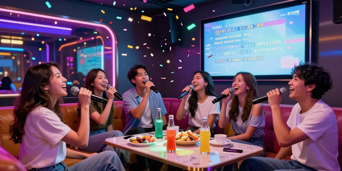 Friends singing at 강남가라오케 with colorful lights and vibrant atmosphere