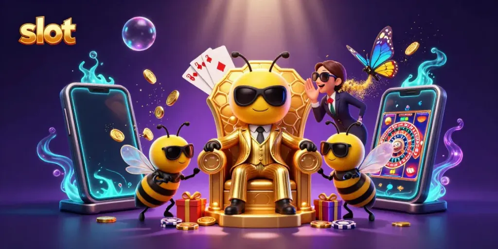 Slot permainan dengan boss lebah kartun dalam ruangan mahoni, dikelilingi simbol permainan.