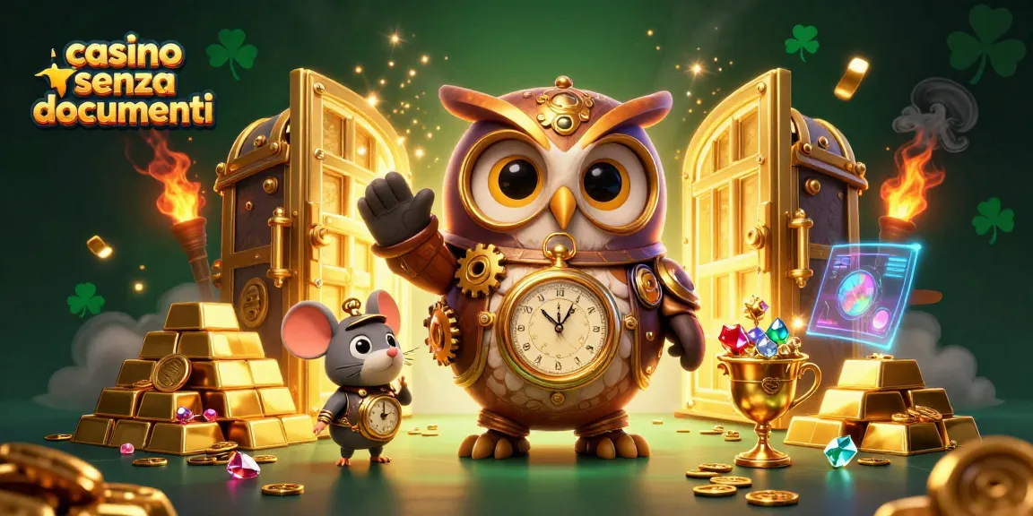 Scopri giochi emozionanti al casino senza documenti con un'illustrazione 3D vivace che presenta un gufo viaggiatore del tempo e tesori.