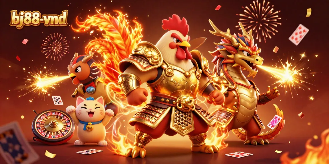Engage with bj88-vnd in this vibrant 3D casino scene featuring powerful characters and dynamic gaming elements.