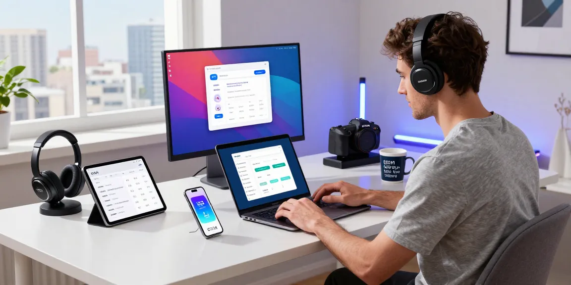 Acheter eSIM dans un espace de travail moderne avec un ordinateur portable et des appareils connectés, vue urbaine.