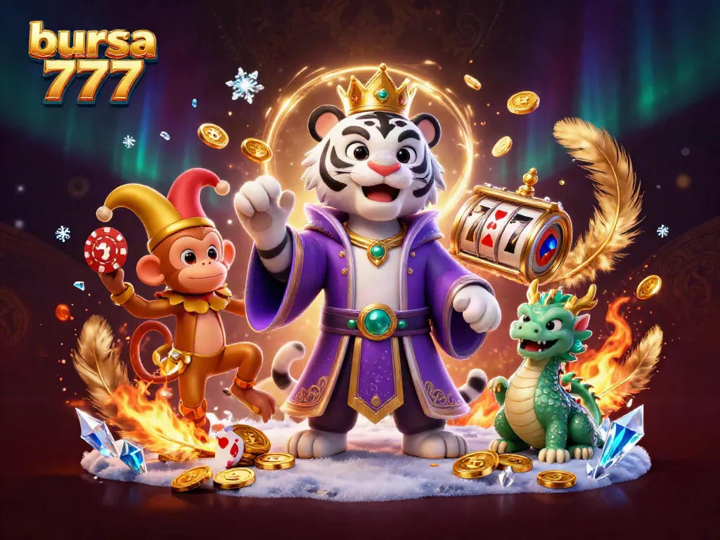 Slot online bursa 777 menampilkan harimau putih elegan dan monyet ceria dalam suasana kasino.