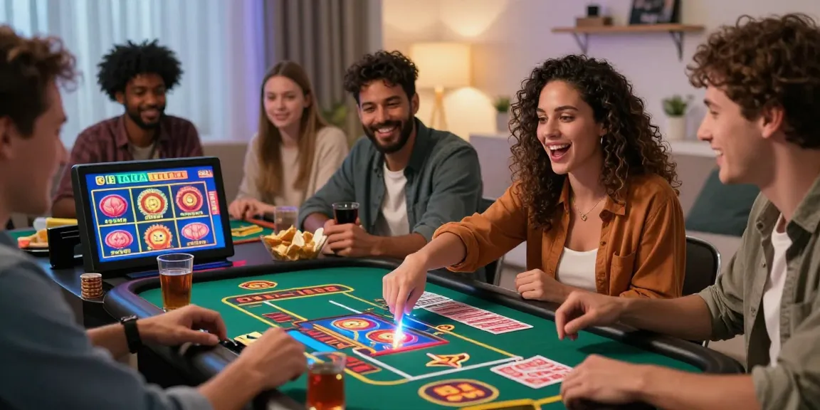 Amis excités célébrant en jouant à des jeux de casino en ligne sur une interface tactile avec des graphiques colorés.