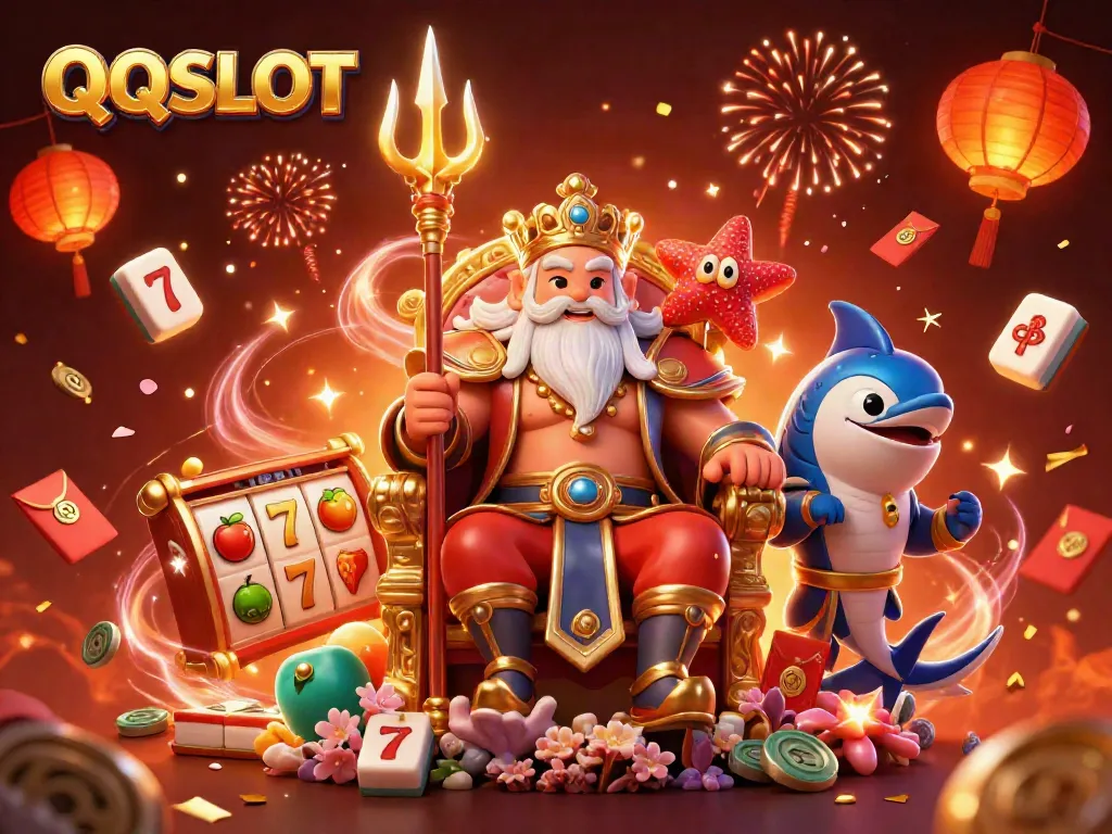 Experience the excitement of QQSLOT with Neptune and friends in a vibrant casino scene.